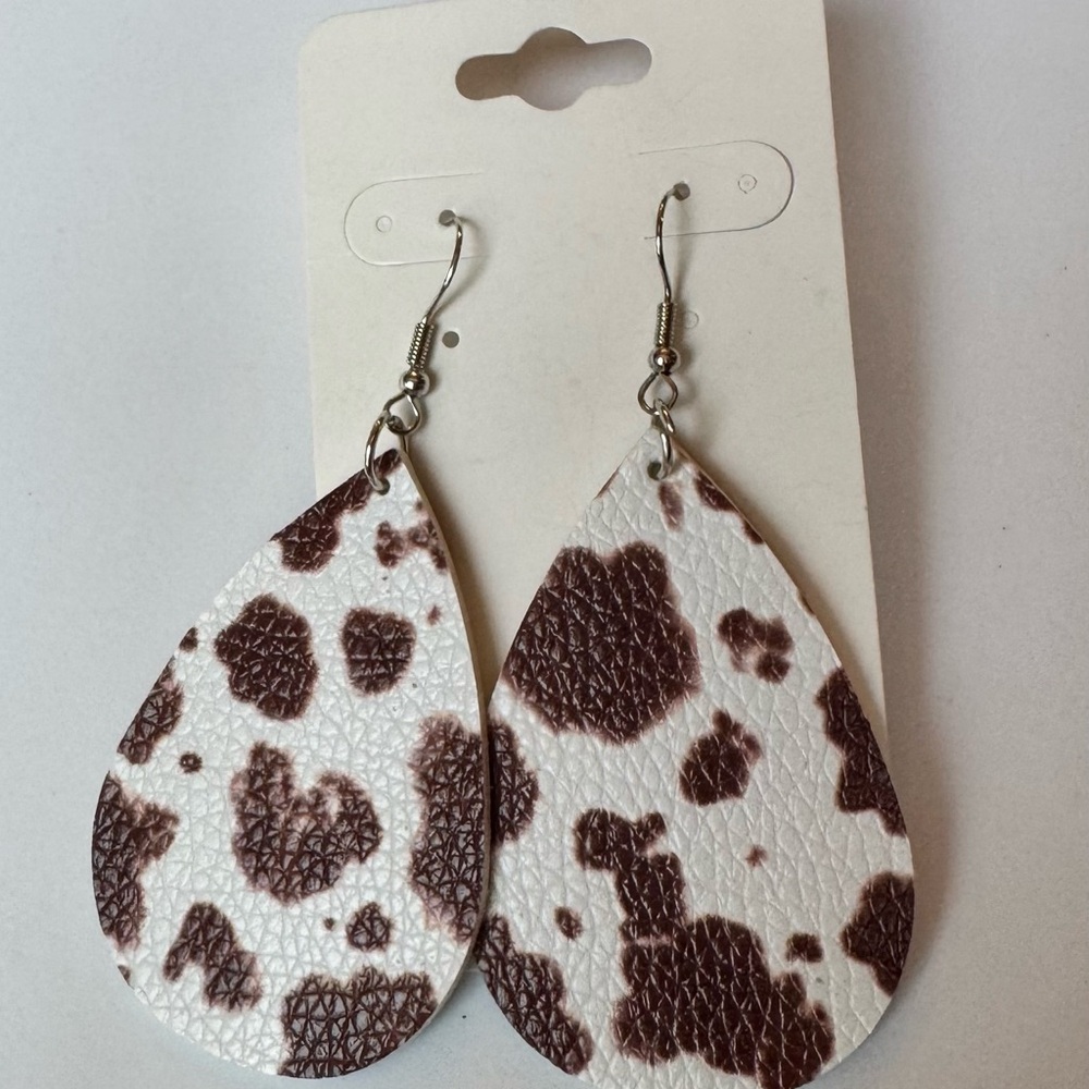 Brown and White Cow Pront Teardrop Earrings
